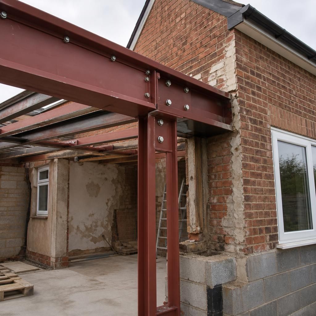 Steel frame meeting an existing brick house at a new rear opening