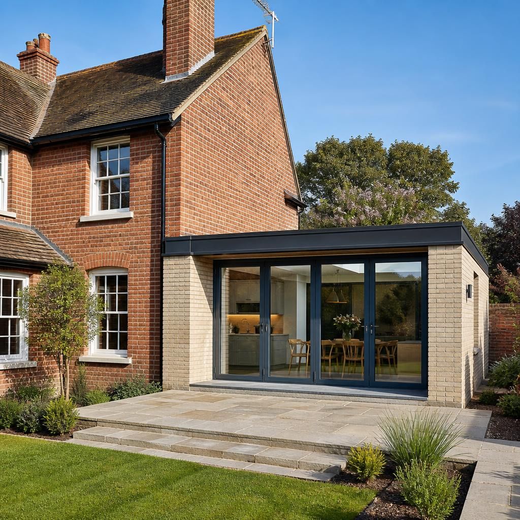 Period brick house beside a contemporary steel framed rear extension with glazed doors