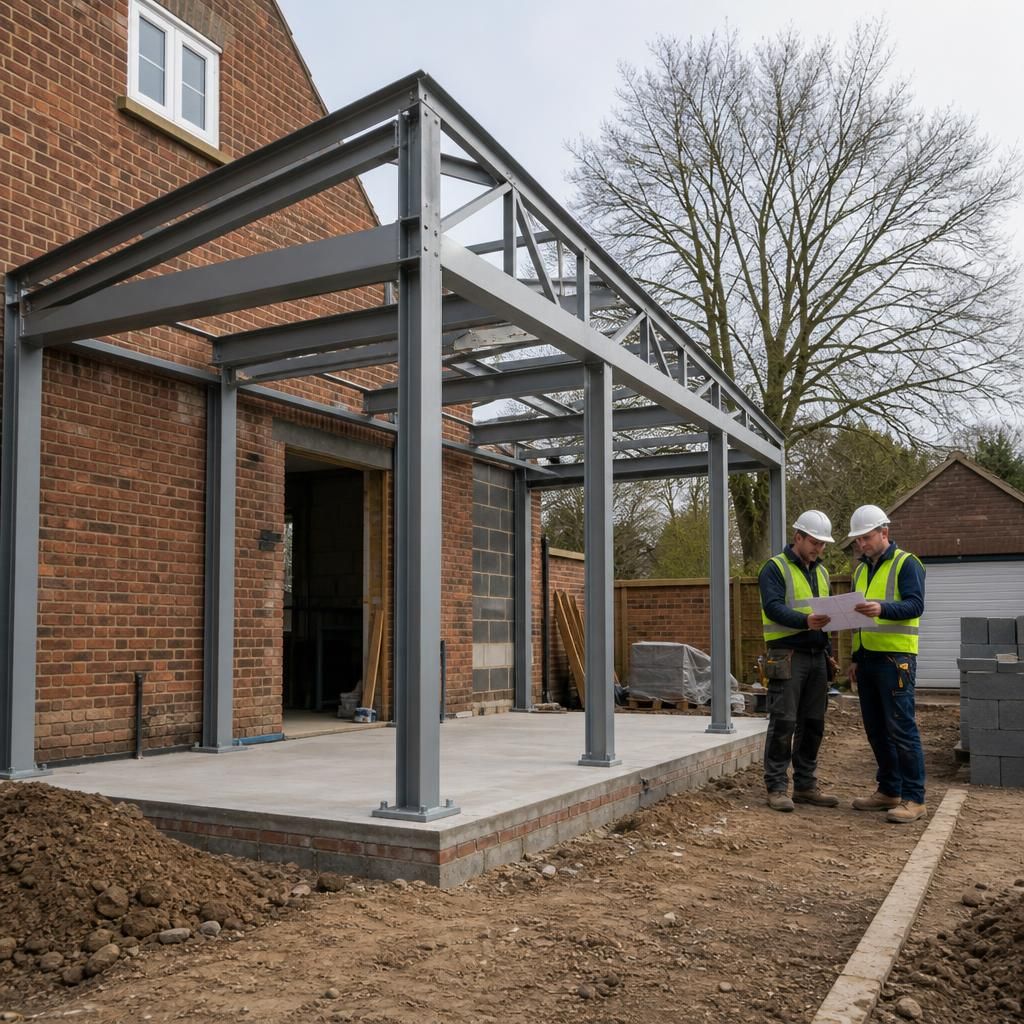 Steel frame forming a house extension beside an existing brick wall