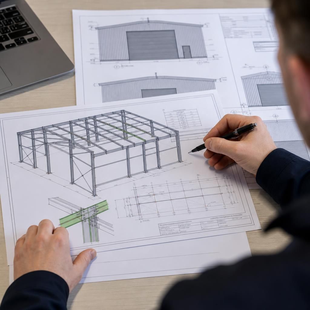 Technical drawing showing a steel extension frame, roof connection and member layout