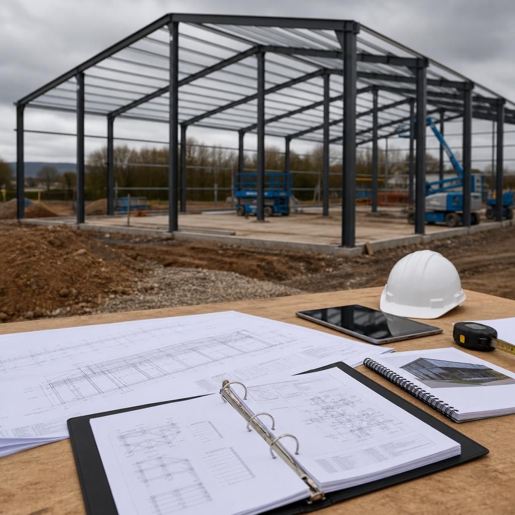 Steel building frame beside design drawings and fabrication plans