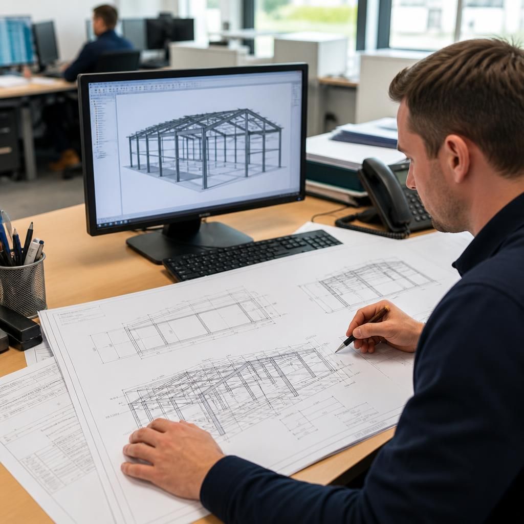 Structural steel frame drawings beside a three-dimensional building model