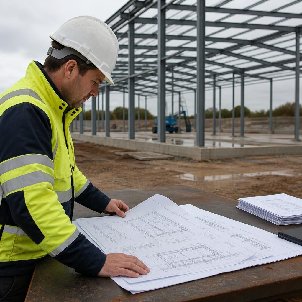 Engineer reviewing structural drawings beside a steel building frame