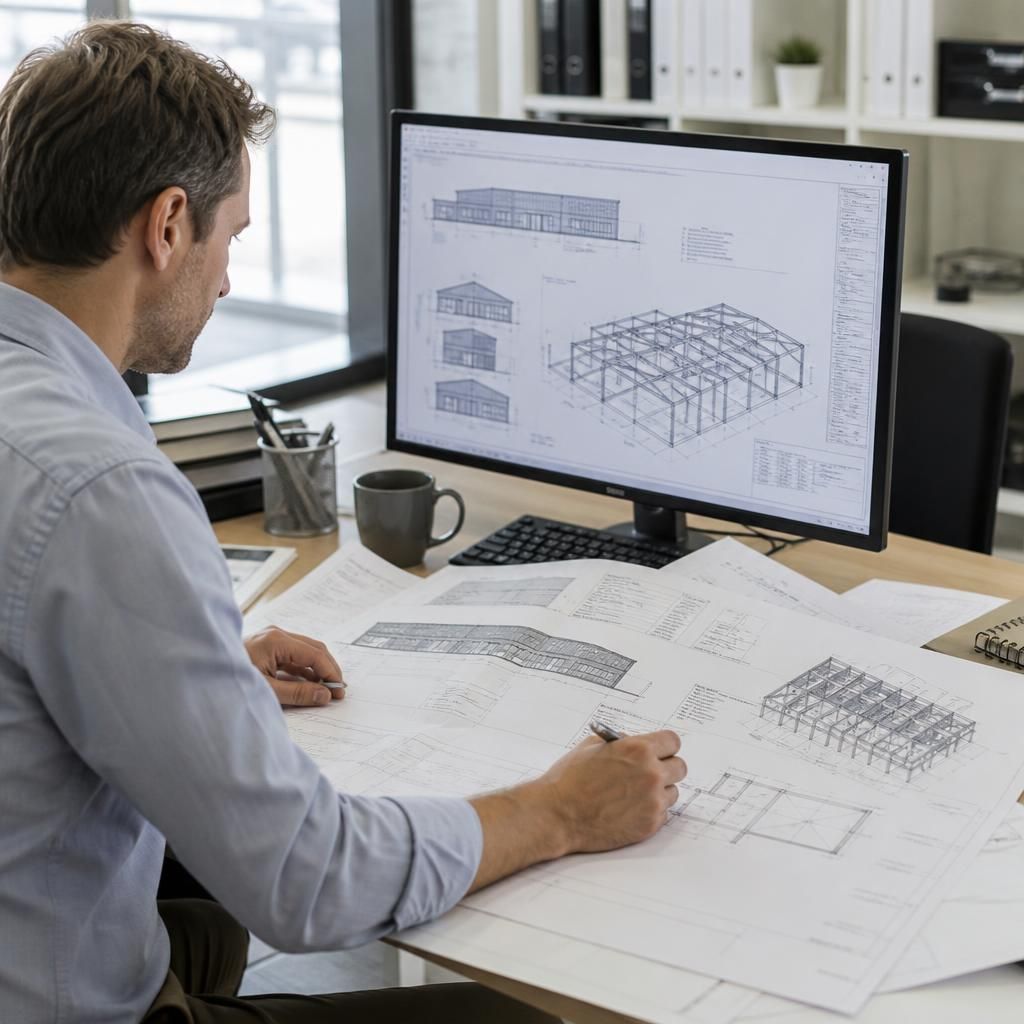 Architect reviewing steel frame drawings and building elevations at a desk