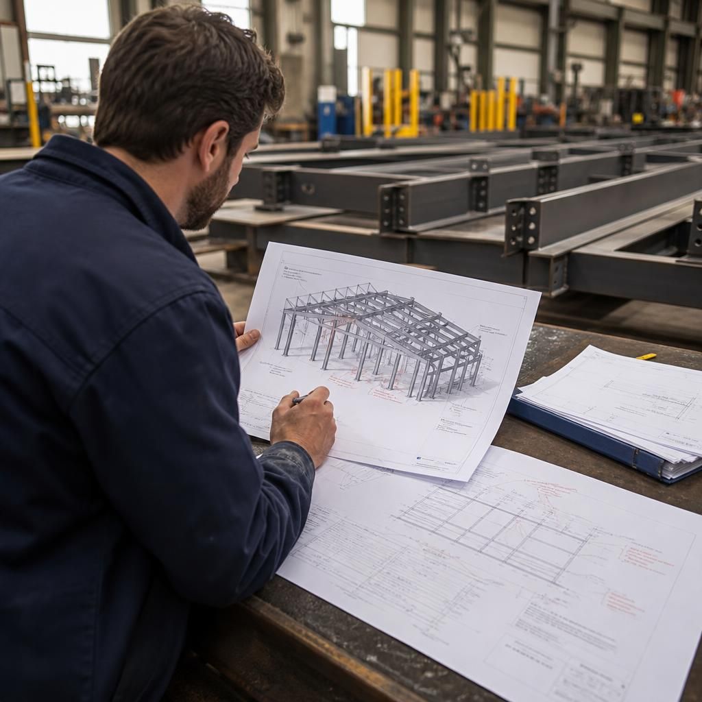 Fabricator reviewing a revised steel frame drawing beside marked-up fabrication plans