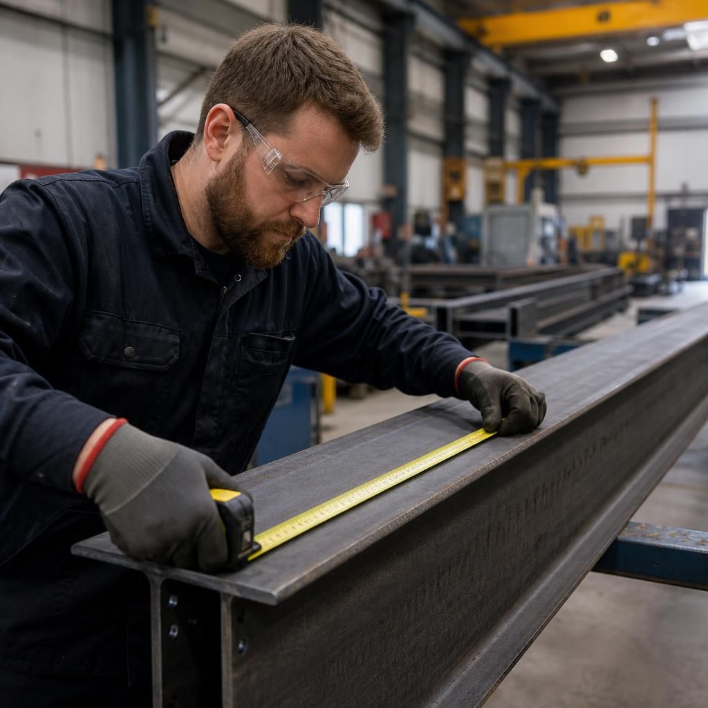 Fabricator measuring a steel beam during dimensional inspection