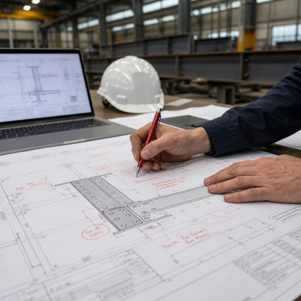 Marked-up steel fabrication drawing showing a revised beam connection detail