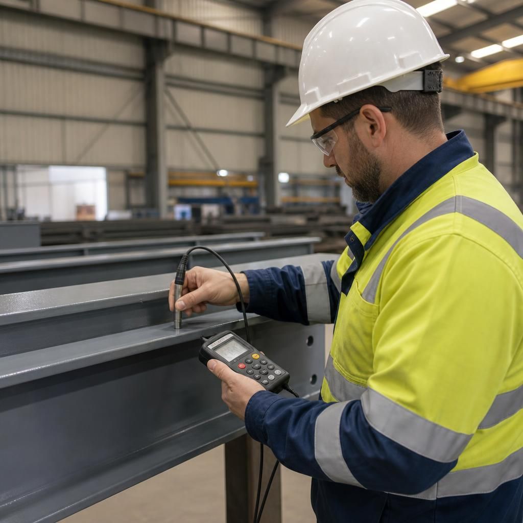 Technician measuring dry film thickness on a painted steel beam