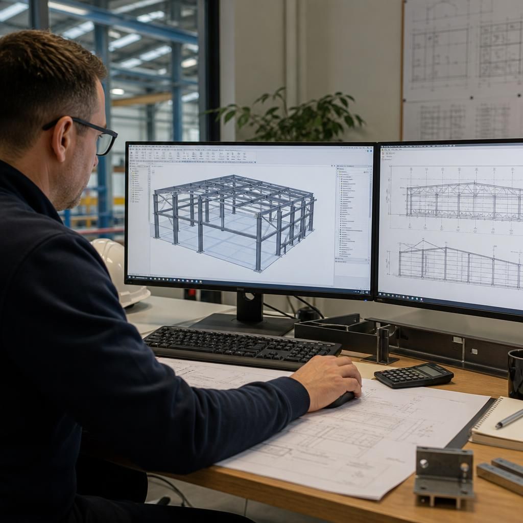 Engineer reviewing steel frame drawings beside a computer model