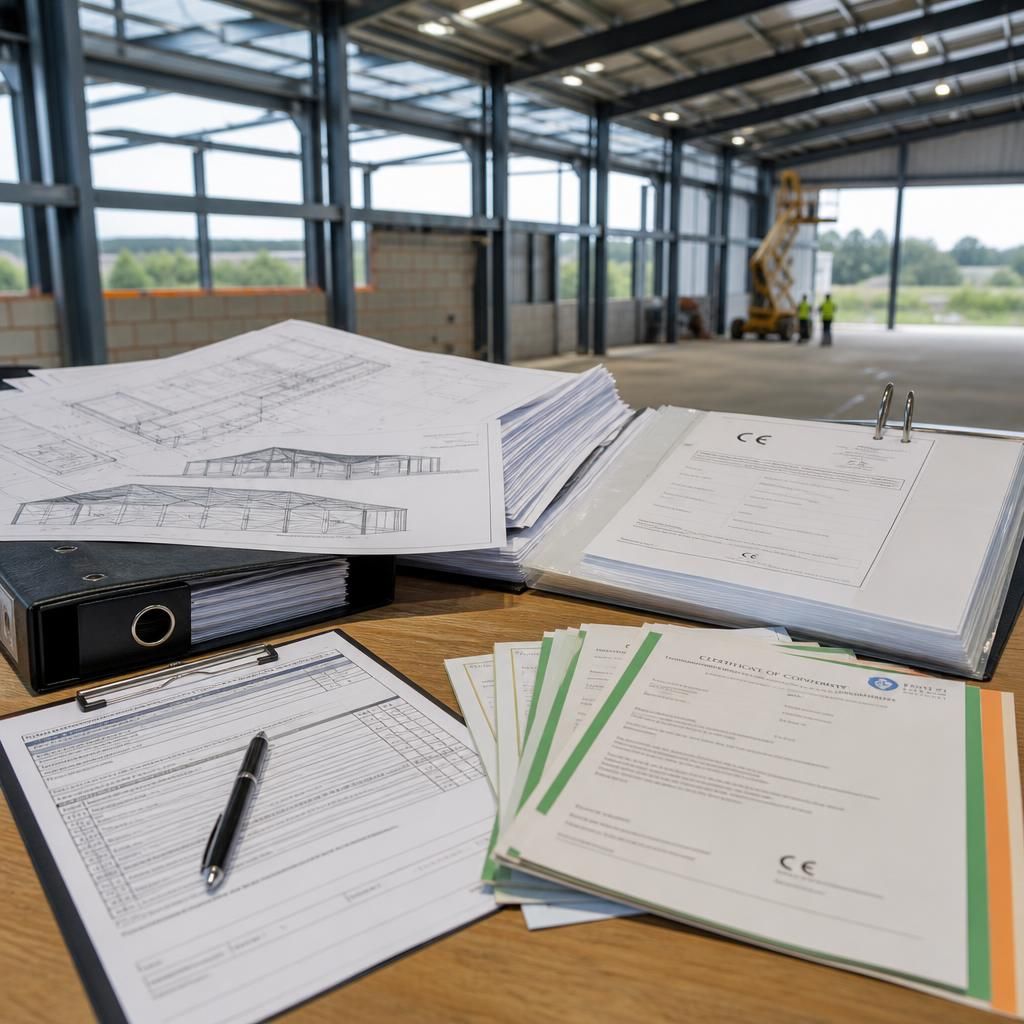 Steel building handover pack with drawings, certificates and inspection records