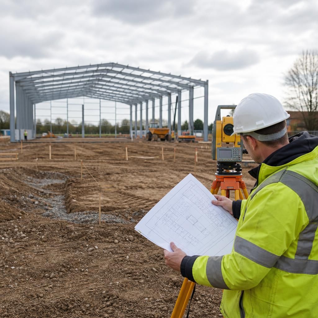 Surveyor reviewing a proposed steel building site with drawings and measuring equipment