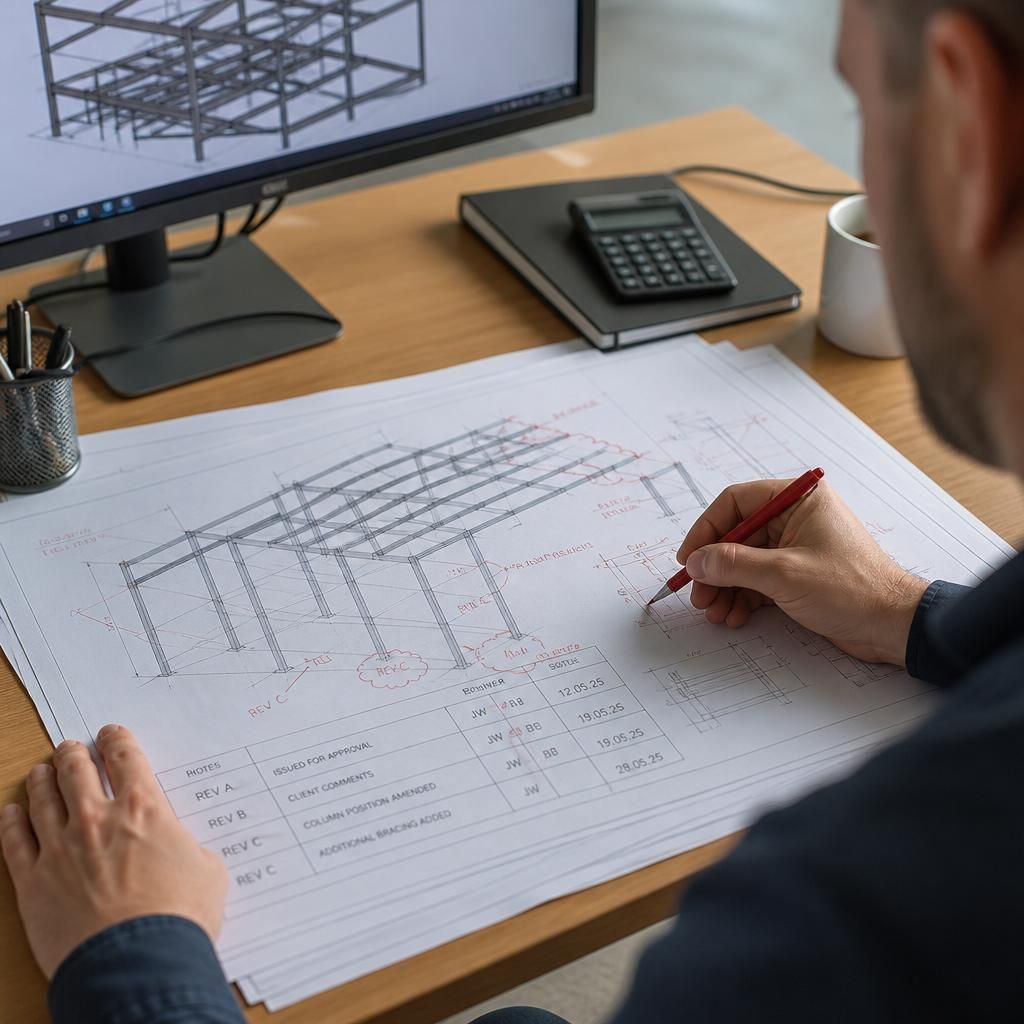 Steel fabrication drawing marked with revision details and approval notes