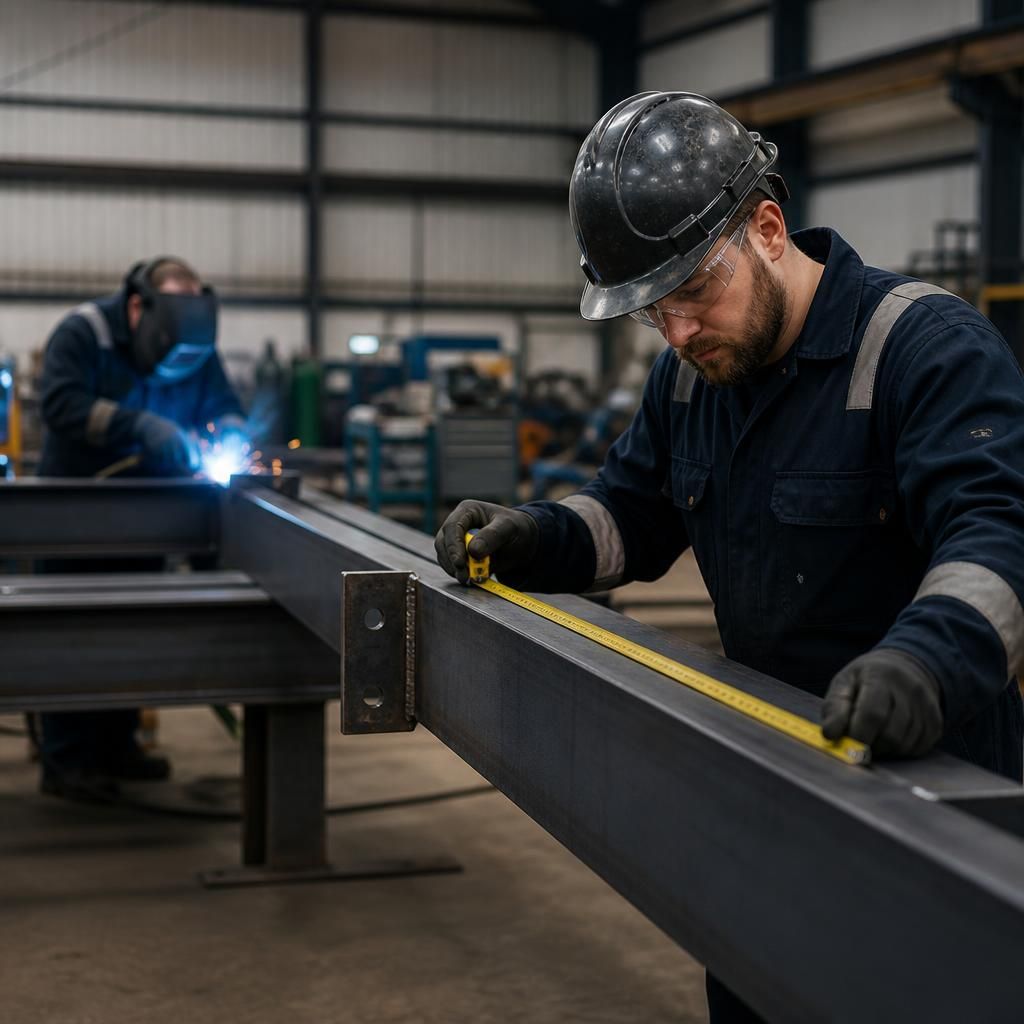Fabricators measuring and preparing structural steel components in a workshop