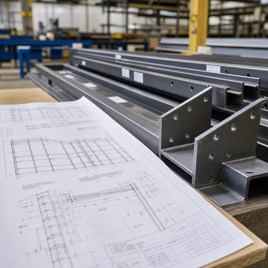 Detailed steel fabrication drawing beside labelled steel frame components