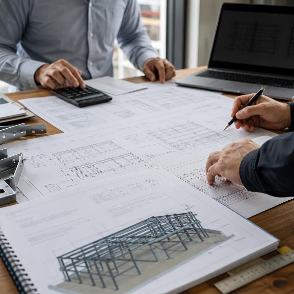Steel fabrication quotation documents and technical drawings laid out for review