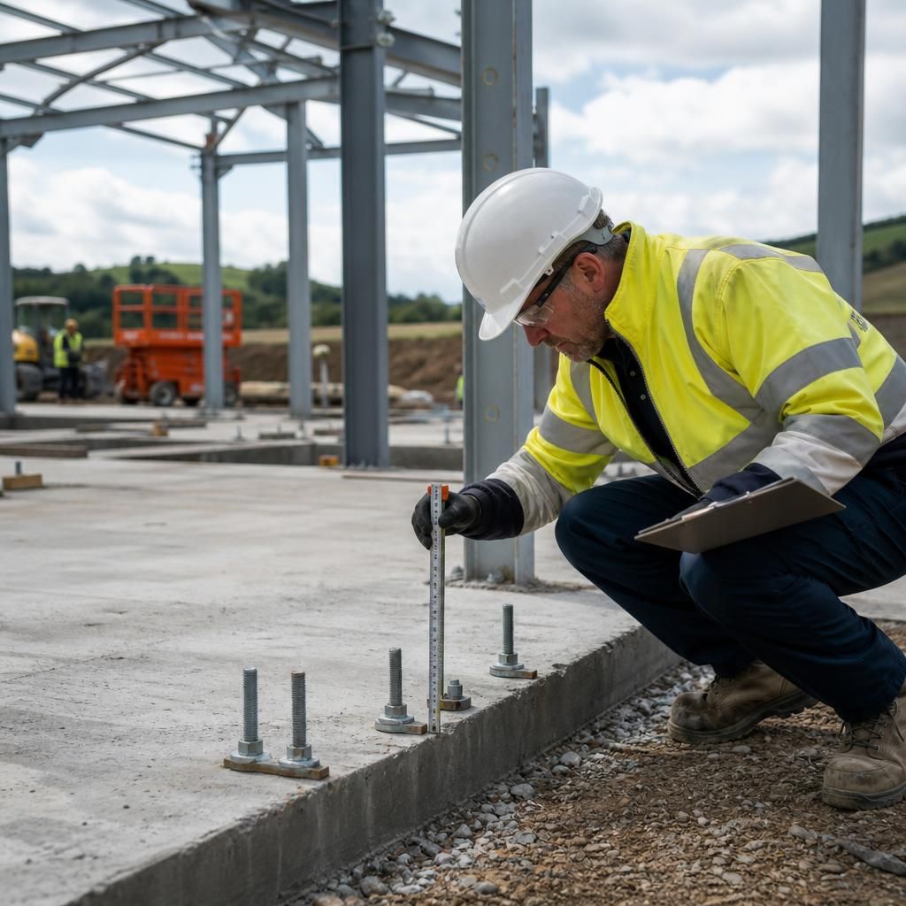 Surveyor checking foundation positions and holding-down bolts before steel frame erection