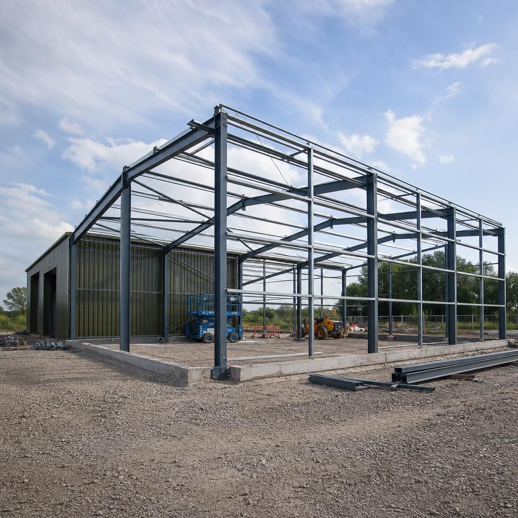Steel-framed building with an added end bay under construction