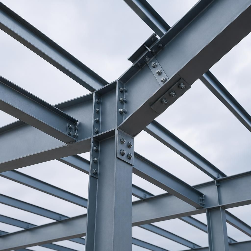 Steel frame connection between a column, rafter and roof purlins