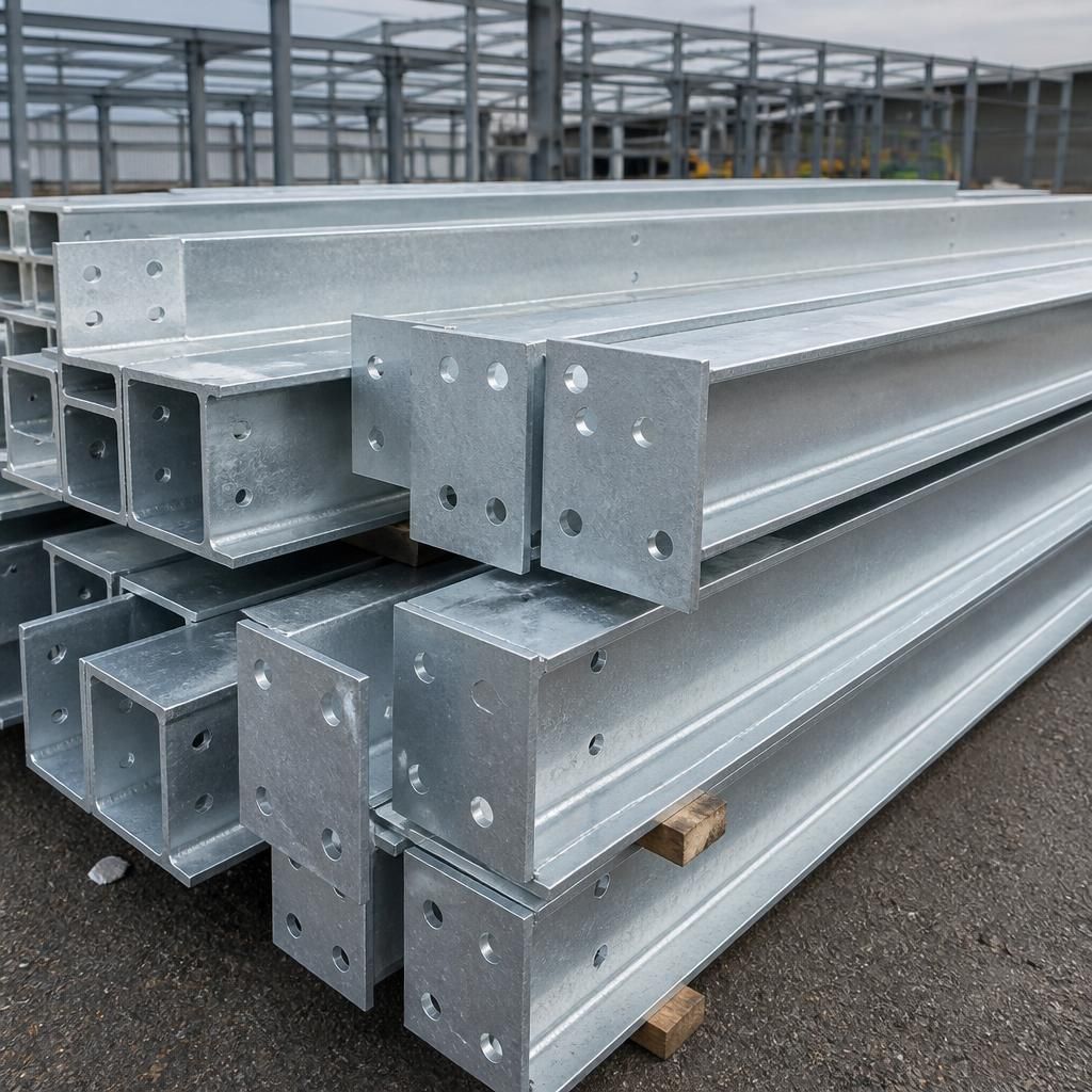 Galvanised steel frame members with a visible zinc coating