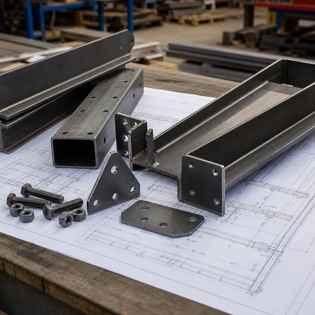 Steel frame components arranged beside technical fabrication drawings