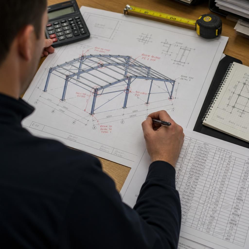 Marked-up steel frame drawing beside a component schedule and site measurements
