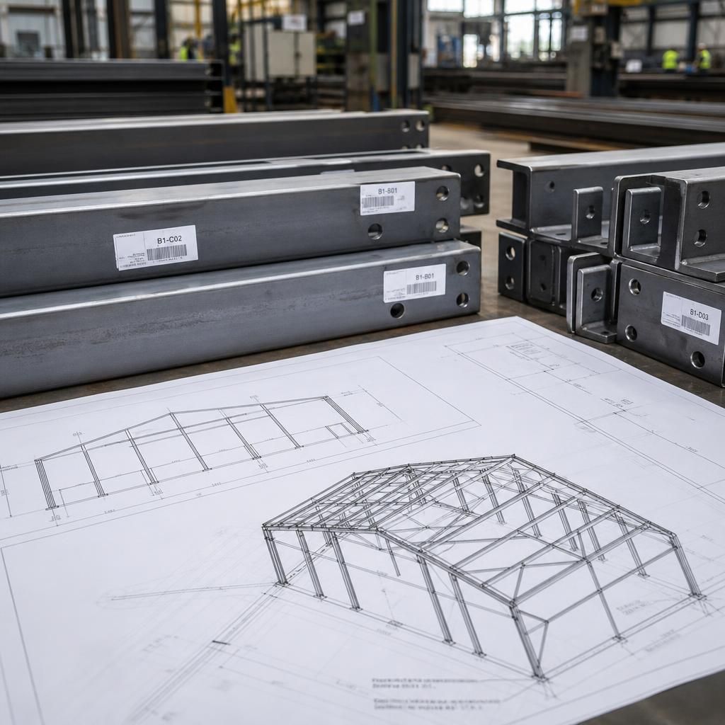 Steel frame components labelled beside fabrication drawings