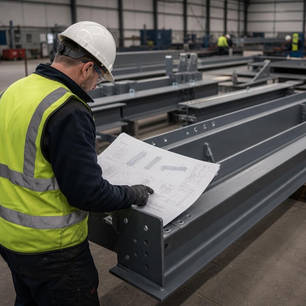 Fabricator checking steel frame components against detailed fabrication drawings
