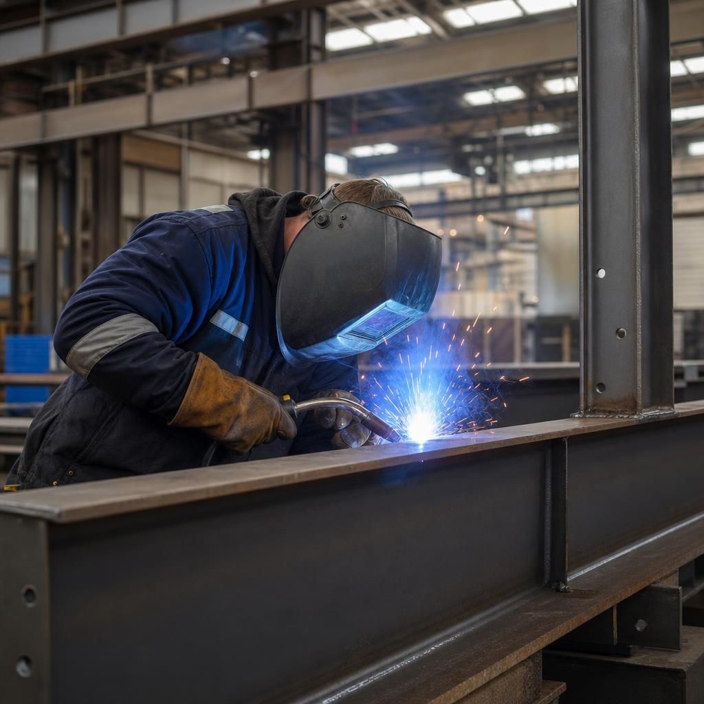 Steel beams being welded and inspected in a fabrication workshop