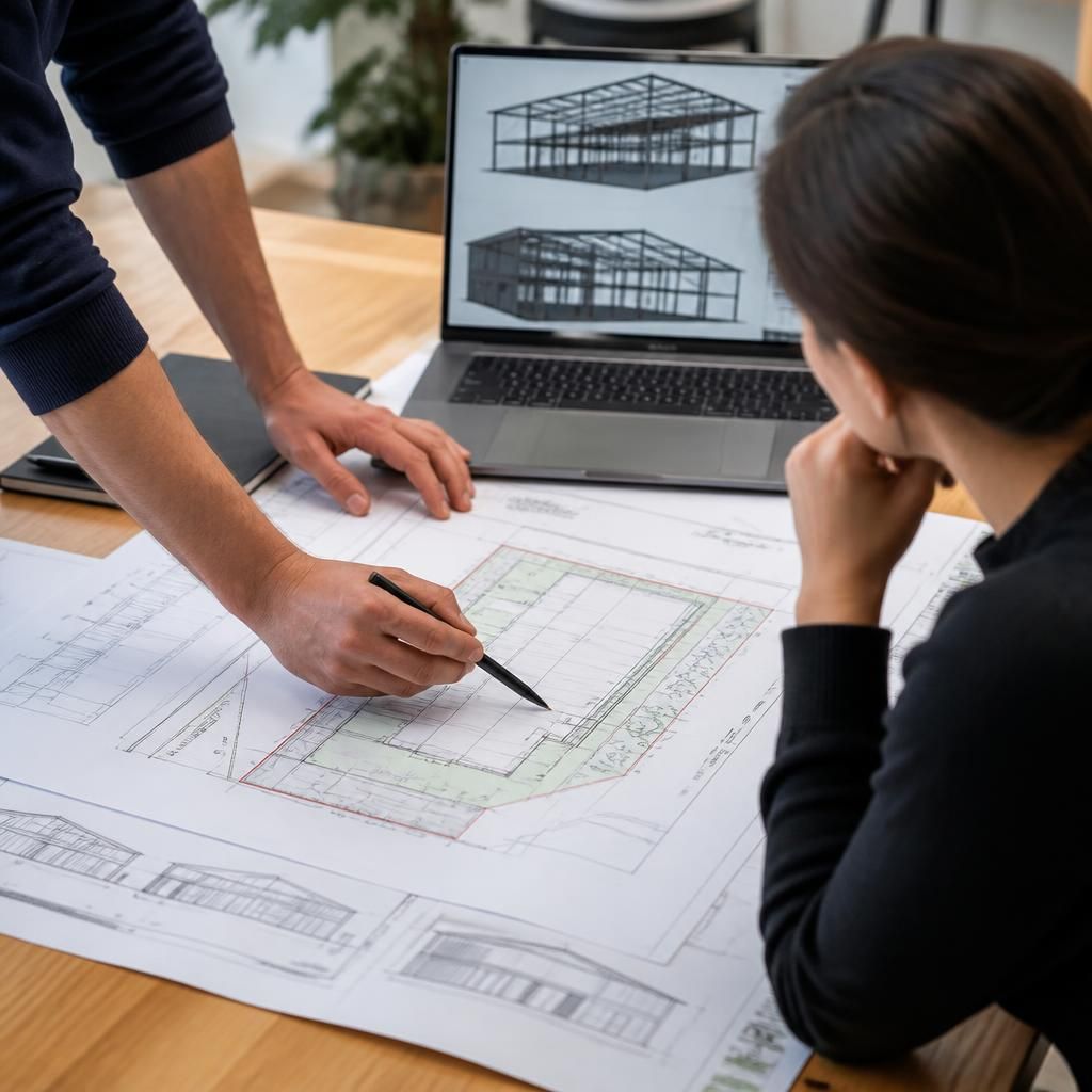 Planning drawings showing a proposed steel framed building on a site