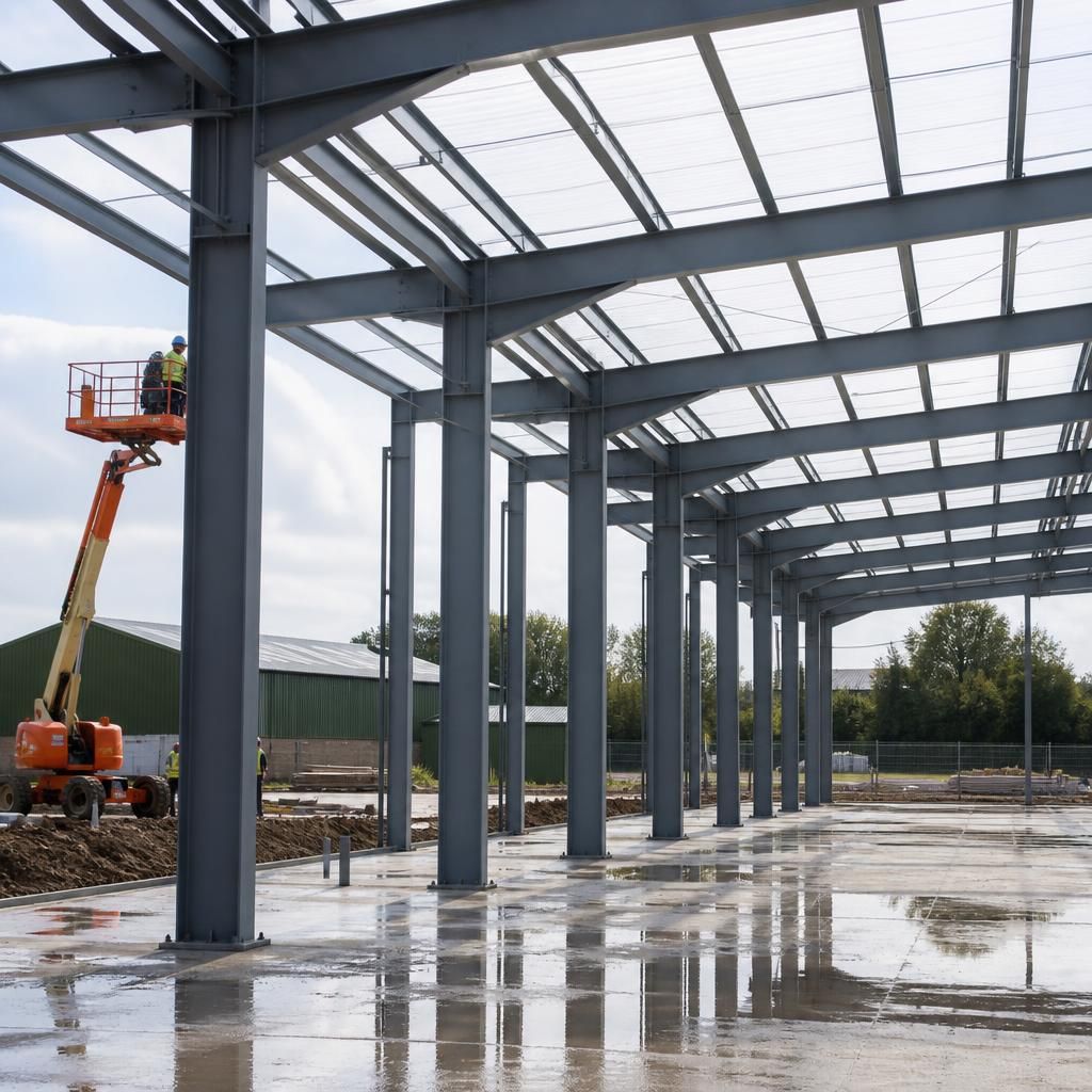 Steel building frame with portal columns, roof rafters and bracing during construction