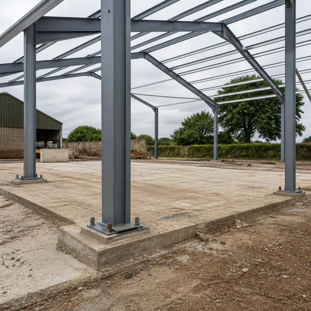 Steel frame columns positioned on existing concrete foundations
