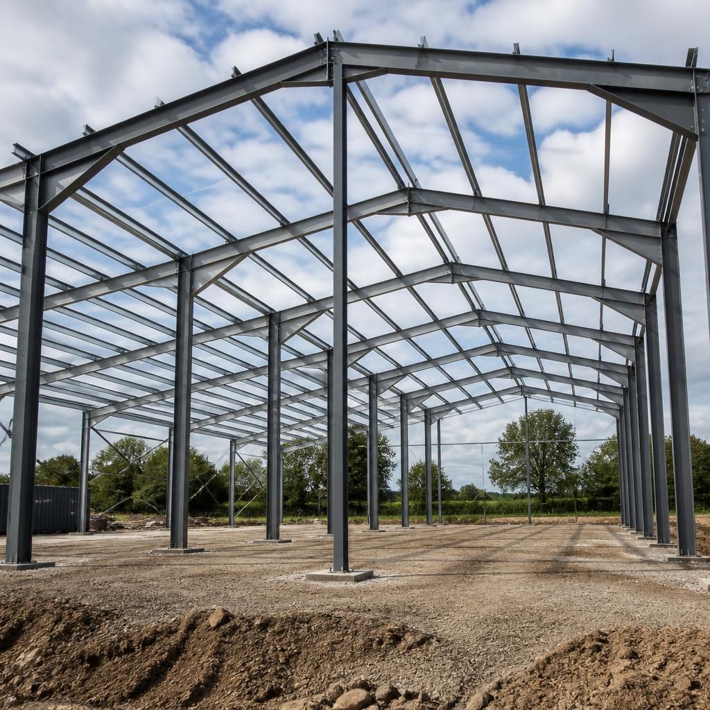 Unclad steel building frame with columns, rafters and purlins