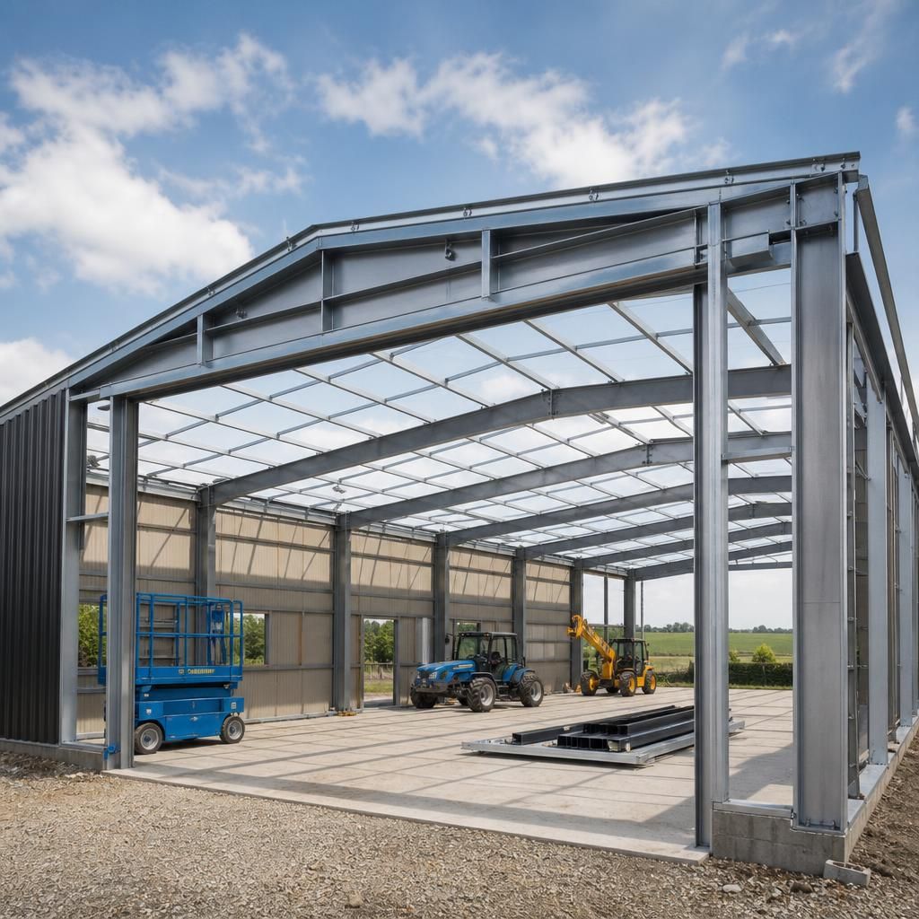 Hot rolled steel frame with wide access opening and open internal bays