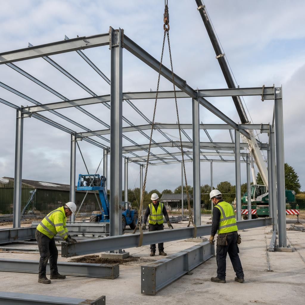 Workers assembling a hot rolled steel building frame on site