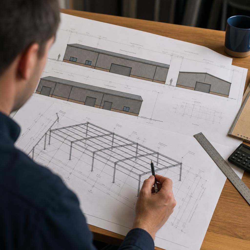 Steel building elevation drawing beside a structural steel frame plan