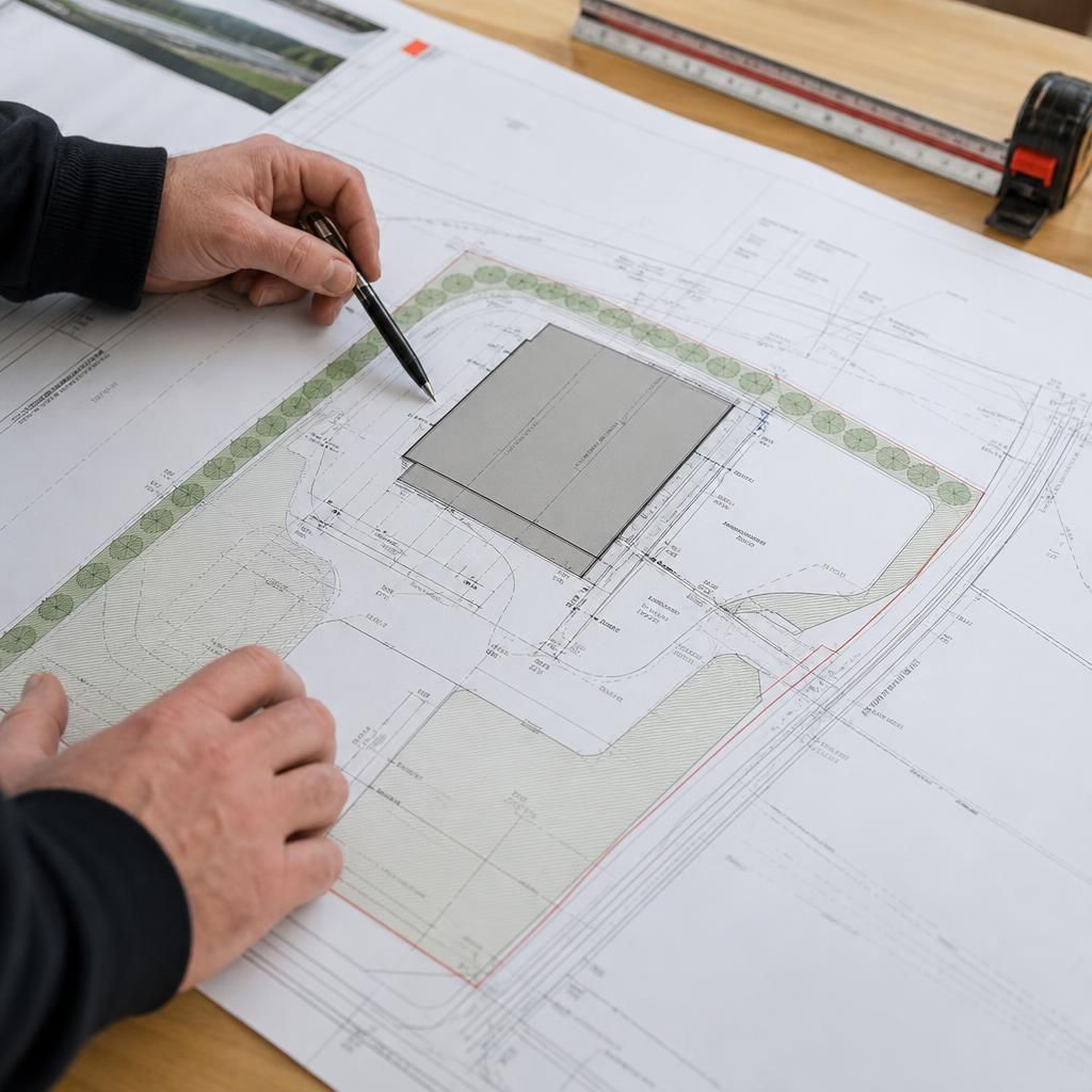 Dimensioned site plan showing a proposed steel building footprint and surrounding access routes