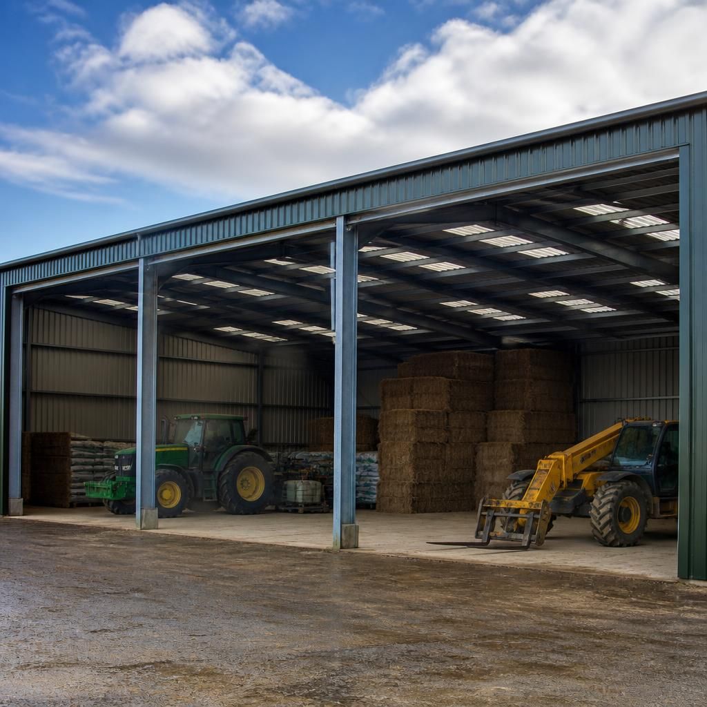 Steel-framed agricultural building with open bays for machinery and material storage