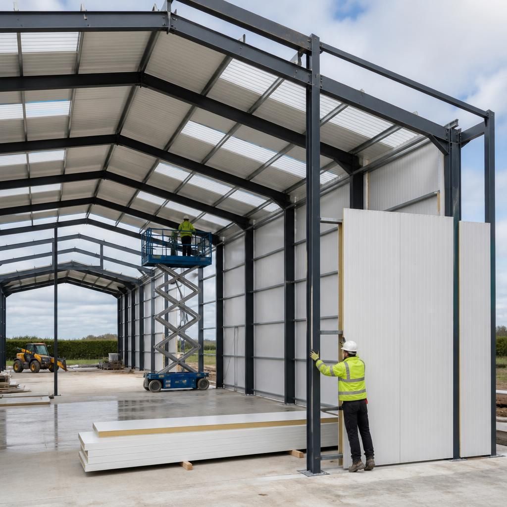 Steel framed building with insulated roof and wall panels during construction