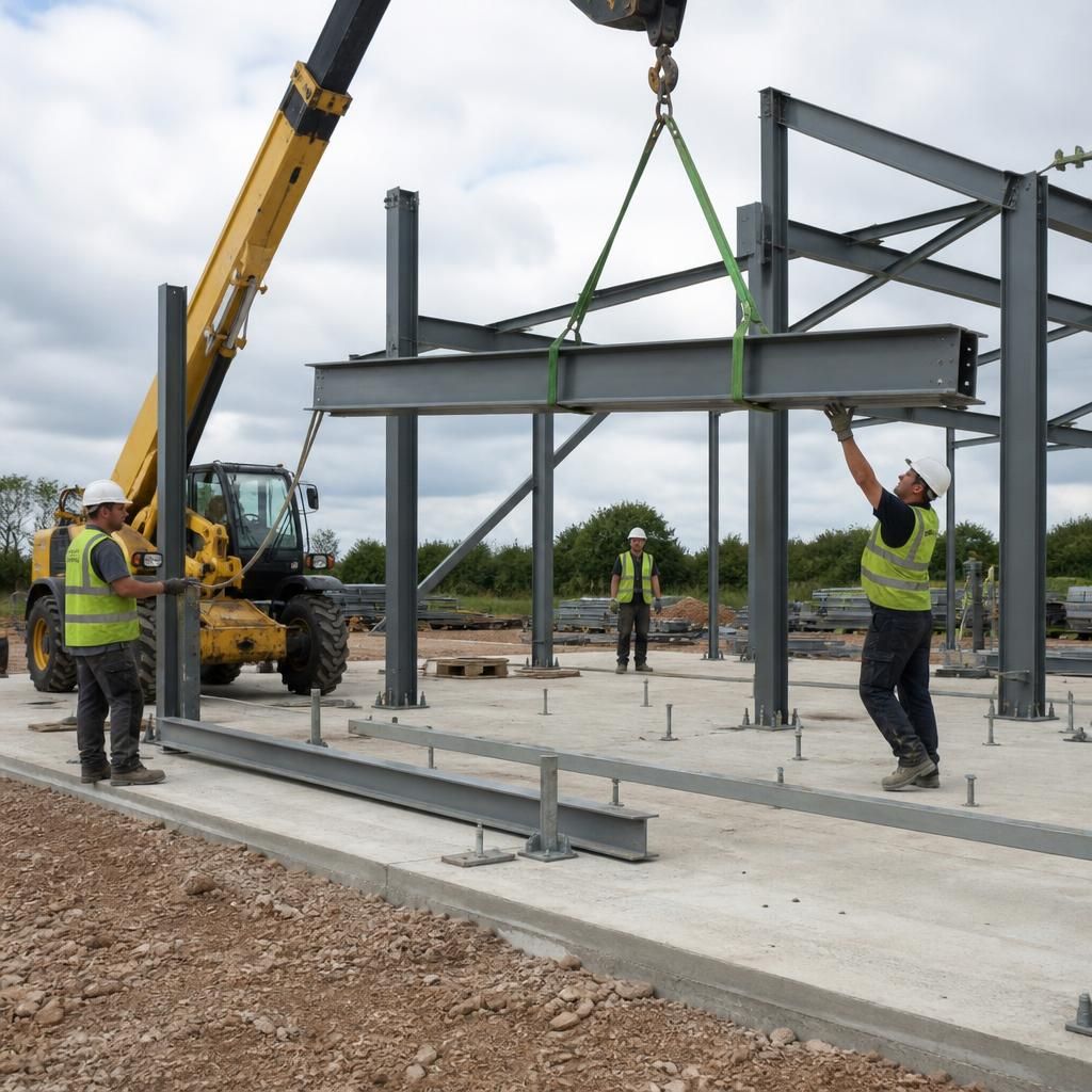 Workers using lifting equipment to position steel frame components on a prepared foundation