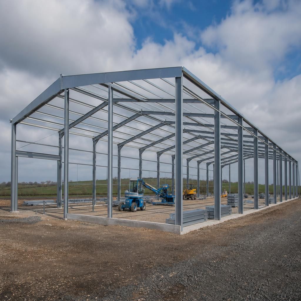 Steel building frame showing bespoke bay spacing and large access openings