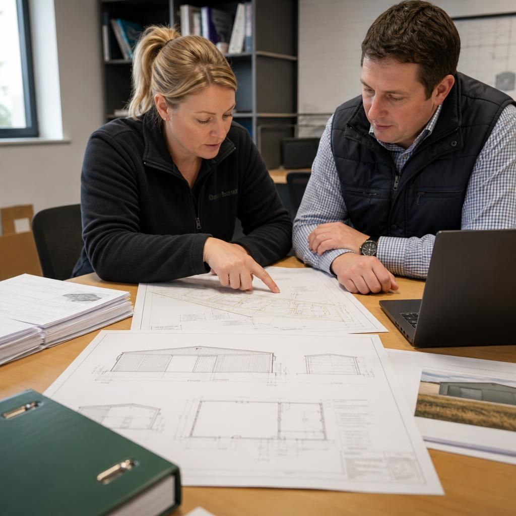 Steel building elevation drawings and site plan for a proposed agricultural building