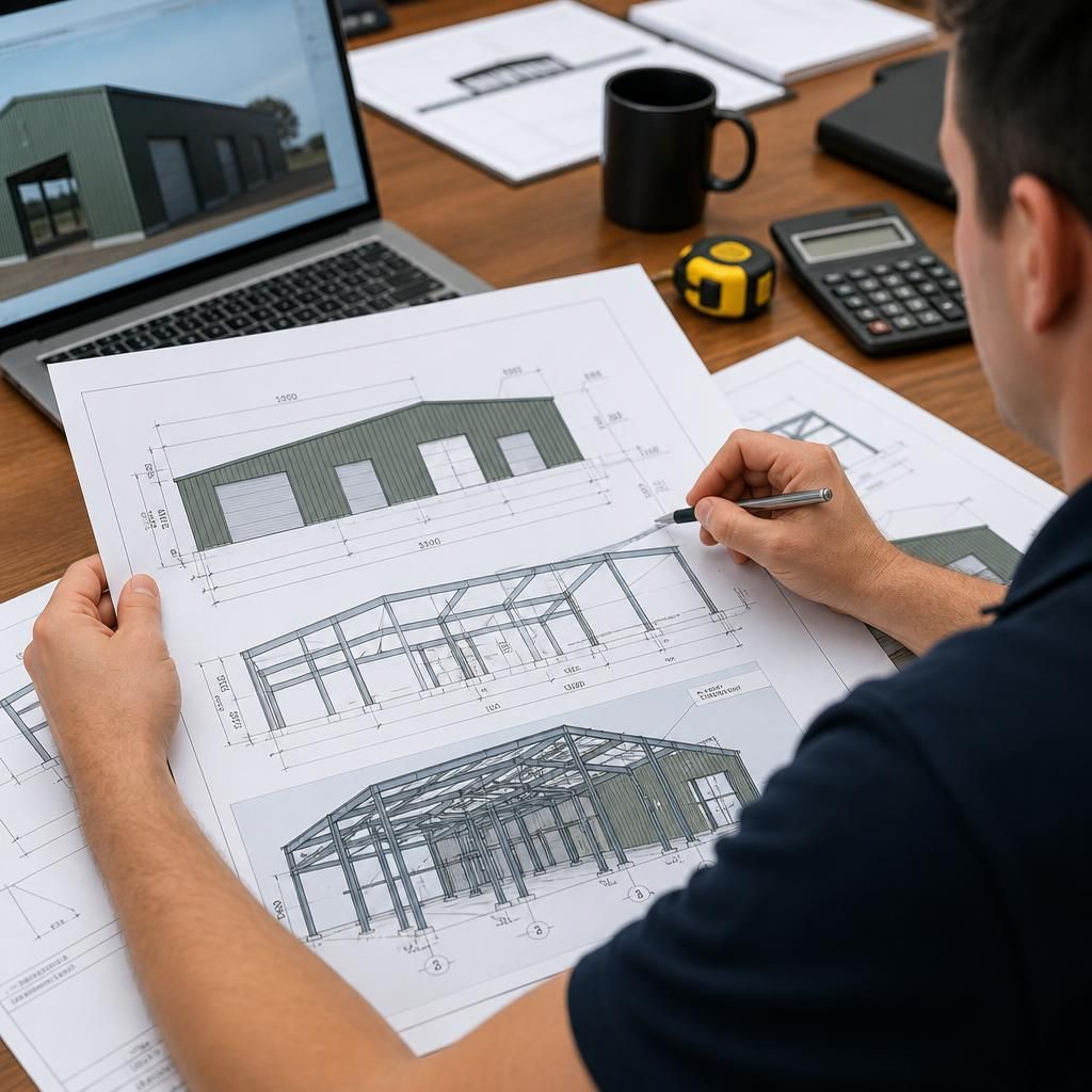 Steel building quotation plans showing dimensions, openings and structural details