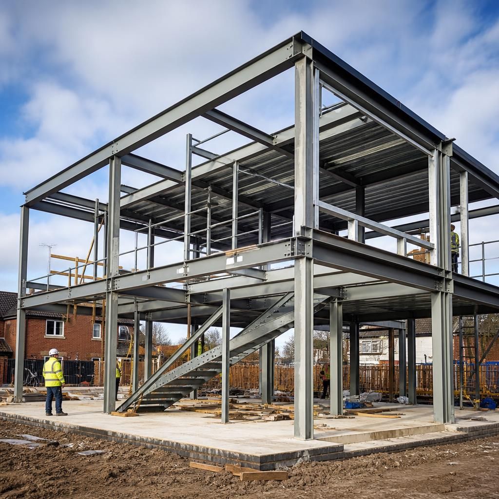 Steel frame rising over two storeys with beams, columns and an upper floor structure