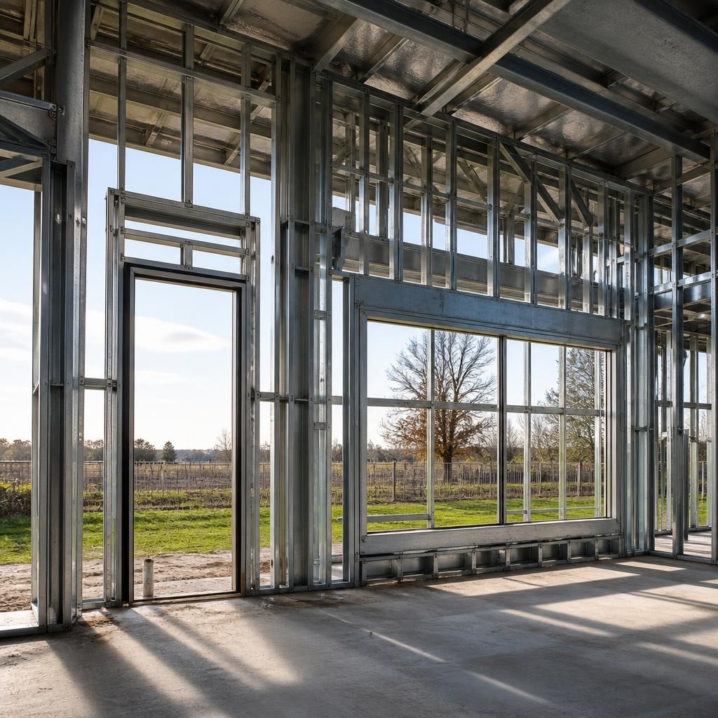 Steel frame surrounding a tall entrance and wide glazed window openings