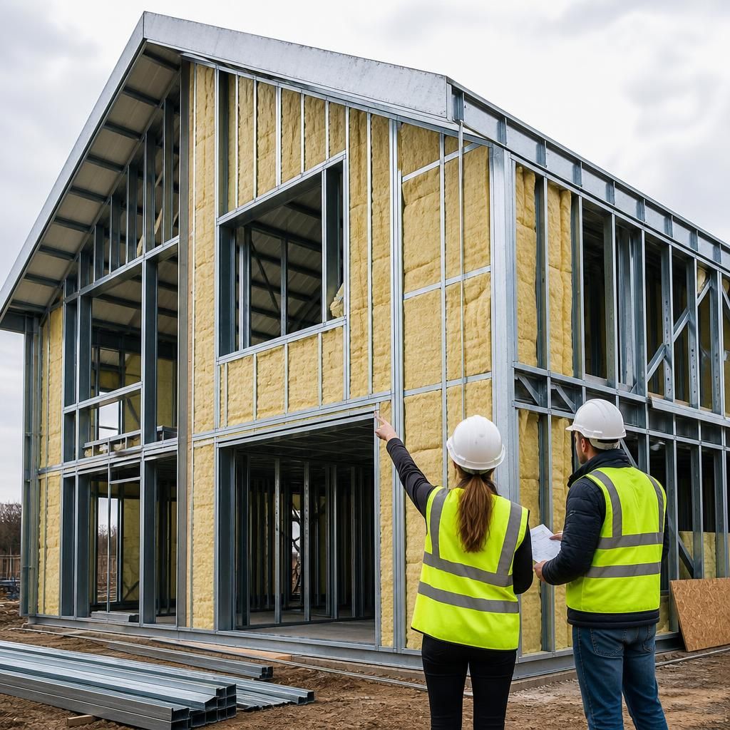 Steel house frame with insulation installed between and outside the members