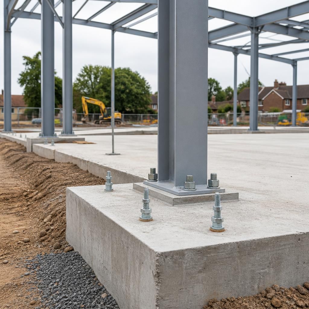 Reinforced concrete foundation with steel frame holding-down bolts