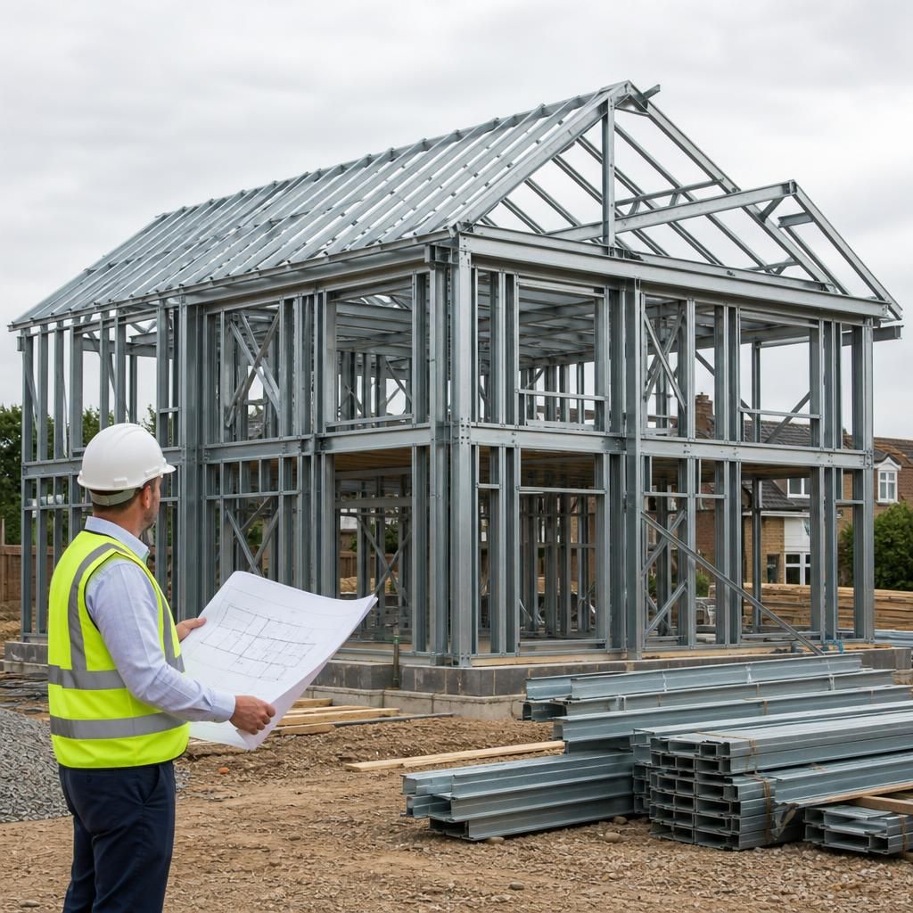 Steel frame forming the structure of a modern house under construction