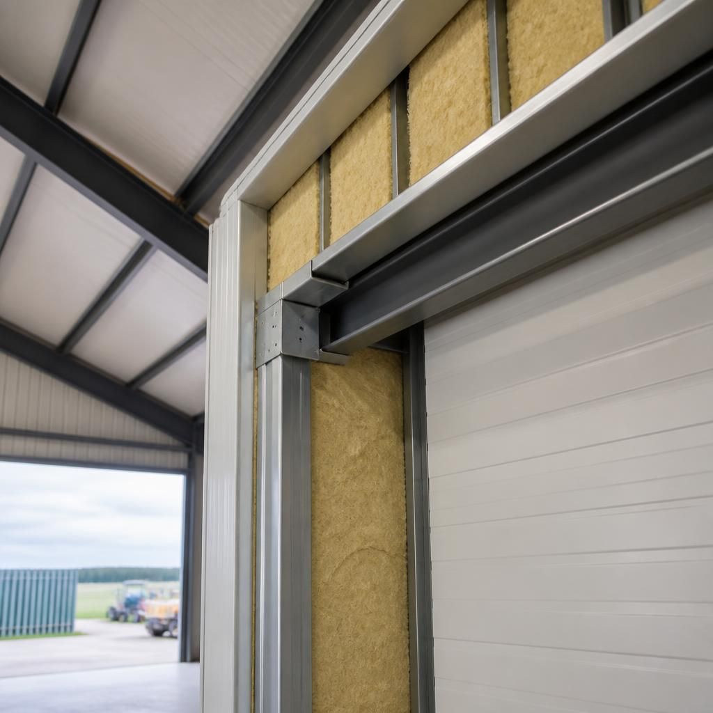 Insulation layers shown within a steel garage roof and wall cladding junction