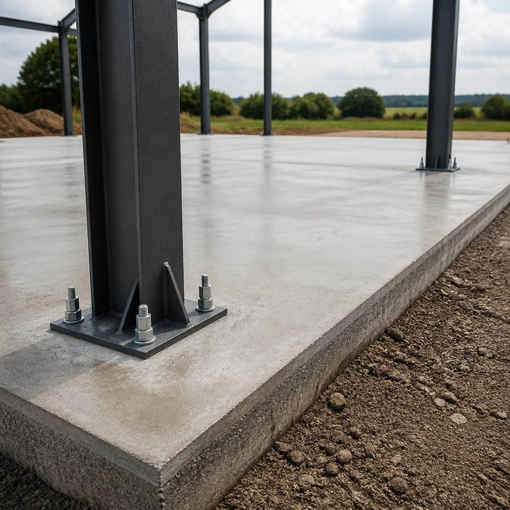Reinforced concrete foundation with steel column base plates and holding-down bolts