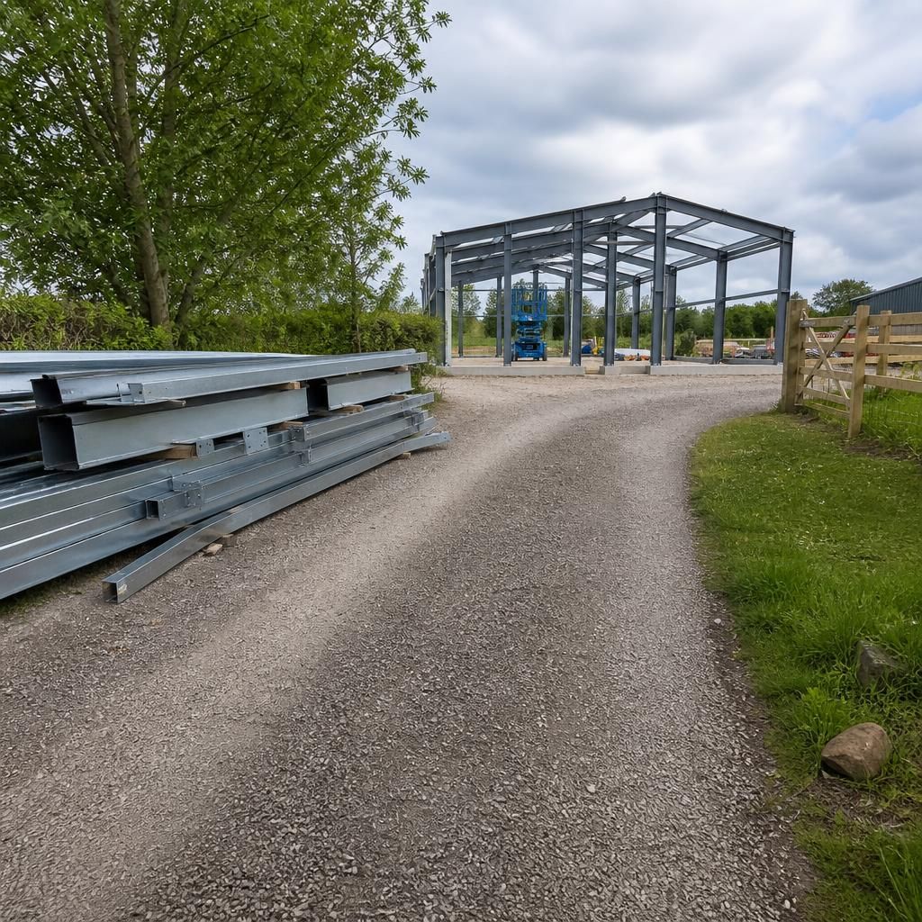 Steel frame components beside a clear driveway leading to a construction site